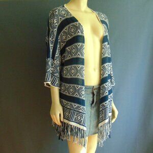 Velvet by Graham & Spencer Navy White Cotton Linen Fringed Open Kimono Jacket M